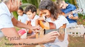  Presentation with play children - PPT layouts with group-of-children-learns background and a coral colored foreground