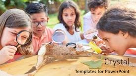  Presentation with magnifying glass - Beautiful slides featuring group-of-children-looks backdrop and a coral colored foreground