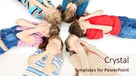  Presentation with children hands - PPT layouts with group of children lying on a floor and covering their faces with their hands isolated over white background and a lemonade colored foreground