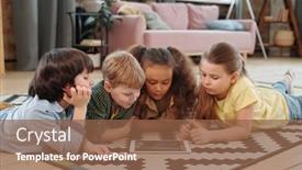  Presentation with cartoons - PPT theme enhanced with group-of-children-lying background and a tawny brown colored foreground