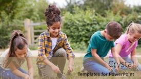  Presentation with camping - Slide set enhanced with group-of-children-on-outdoor background and a coral colored foreground