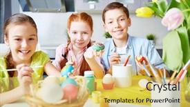  Presentation with children painting - Presentation theme with group of children painting easter background and a yellow colored foreground