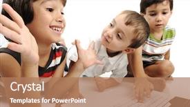  Presentation with children talking - Slide set having group of children playing background and a coral colored foreground