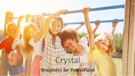  Presentation with children climbing - Presentation theme featuring group-of-children-plays-together background and a coral colored foreground