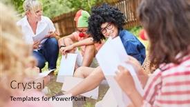 Presentation with summer camp show - Colorful PPT theme enhanced with group-of-children-rehearsing backdrop and a coral colored foreground