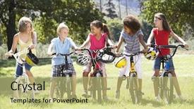  Presentation with diverse group of children - Audience pleasing presentation consisting of group of children riding bikes backdrop and a yellow colored foreground