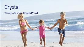  Presentation with children running - Presentation theme with group of children running along beach in swimwear background and a sky blue colored foreground