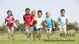  Presentation with children running - Cool new PPT theme with group of children running backdrop and a yellow colored foreground