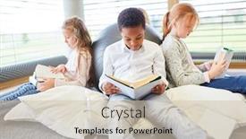  Presentation with children books - PPT layouts having group-of-children-together-read background and a soft green colored foreground