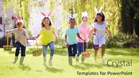  Presentation with children running - Colorful slides enhanced with group-of-children-wearing-bunny backdrop and a yellow colored foreground