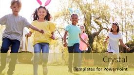  Presentation with children running - Audience pleasing PPT theme consisting of group-of-children-wearing-bunny backdrop and a yellow colored foreground