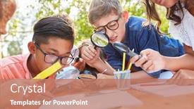  Presentation with summer school - PPT theme consisting of group-of-children-with-magnifying background and a coral colored foreground