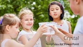  Presentation with summer drinking water - Cool new theme with group-of-children-with-plastic backdrop and a lemonade colored foreground