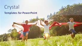  Presentation with children running - Beautiful slide set featuring group of children with towels running hilariously over a meadow backdrop and a sky blue colored foreground