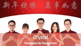  Presentation with trademark - Theme featuring group of chinese people greeting chinese new year concept isolated over white background the chinese words mean happy chinese new year may all your wishes be fulfilled not a logo or trademark background and a coral colored foreground