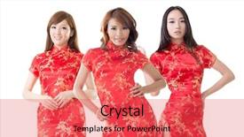  Presentation with chinese new year - PPT theme having group of chinese women dress traditional cheongsam at new year studio shot isolated on white background background and a red colored foreground