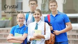  Presentation with classmates - PPT theme consisting of classmates outside the school background and a light blue colored foreground