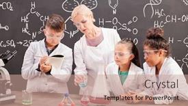  Presentation with chemical experiment - Presentation design consisting of group-of-clever-students background and a coral colored foreground