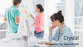  Presentation with woman office desk - Colorful presentation design enhanced with group of colleagues behind backdrop and a  colored foreground