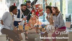  Presentation with business casual - Theme with group-of-colleagues-surprising-female background and a violet colored foreground