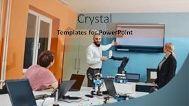  Presentation with working together - Theme consisting of group-of-colleagues-working-together background and a coral colored foreground