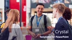  Presentation with college campus - Presentation theme with group-of-college-student-friends background and a navy blue colored foreground