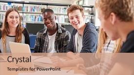  Presentation with college students and laptop - PPT layouts with group of college students collaborating background and a coral colored foreground