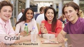  Presentation with college students and laptop - Cool new PPT layouts with group of college students eating backdrop and a coral colored foreground
