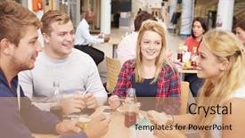  Presentation with african american college students - Amazing PPT theme having group of college students eating backdrop and a coral colored foreground