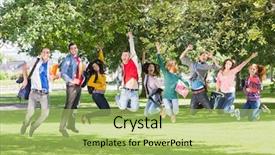  Presentation with college students and laptop - PPT theme with group of college students jump background and a  colored foreground