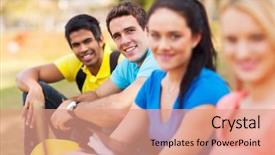  Presentation with college campus - Colorful presentation design enhanced with group of college students sitting outdoors on campus backdrop and a coral colored foreground