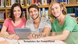  Presentation with digital library - Slide deck enhanced with group of college students using digital tablet in the library background and a lemonade colored foreground