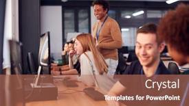  Presentation with college students - PPT theme with group-of-college-students background and a coral colored foreground