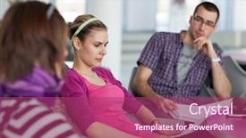  Presentation with brake - Slide set enhanced with group of college university students during a brake between classes - chatting comparing notes having fun shallow dof color toned image background and a violet colored foreground