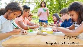  Presentation with summer camp - Amazing presentation theme having group-of-concentrated-children backdrop and a coral colored foreground