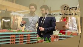  Presentation with city - Beautiful PPT theme featuring group of confident city designers backdrop and a coral colored foreground