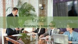  Presentation with partnership - Presentation design with group-of-confident-delegates-discussing background and a seafoam green colored foreground