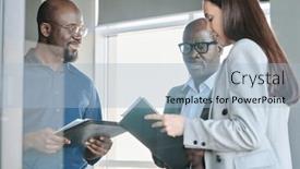  Presentation with intercultural - Presentation theme featuring group-of-confident-intercultural-brokers background and a light blue colored foreground