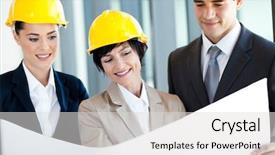  Presentation with managers - Beautiful slides featuring group of construction managers discussing project on blue print backdrop and a light gray colored foreground