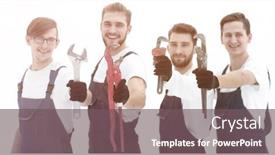  Presentation with construction tools - PPT theme featuring group of construction workers with working tools background and a violet colored foreground