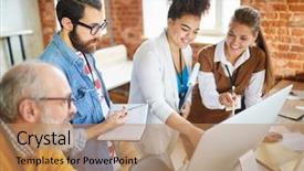  Presentation with monitor computer - Amazing presentation having group of contemporary analysts standing backdrop and a coral colored foreground