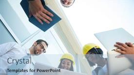  Presentation with coworkers - Presentation theme featuring group of coworkers reading plans outside background and a light blue colored foreground