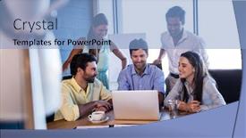  Presentation with coworkers - Theme featuring group of coworkers using a laptop in the office background and a light blue colored foreground