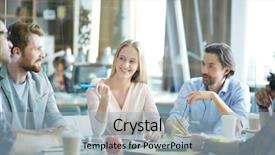  Presentation with round table - Beautiful presentation theme featuring group of creative businesspeople three men and blond woman sitting at meeting round table in light modern office space all gesturing actively and discussing latest project backdrop and a light blue colored foreground