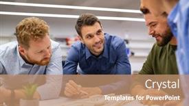  Presentation with team working together - Presentation theme featuring group-of-creative-people-working background and a coral colored foreground