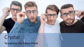  Presentation with virile young men - Amazing slide deck having group of creative young men backdrop and a teal colored foreground