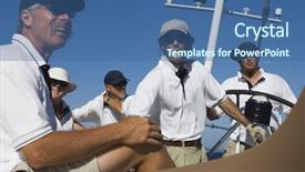  Presentation with members - Slide deck featuring group of crew members relaxing background and a ocean colored foreground