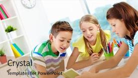  Presentation with classmates - Presentation design consisting of group of curious classmates looking at note in notebook in girl hands at workplace background and a coral colored foreground