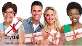  Presentation with customers - PPT layouts enhanced with group of customers with envelope background and a  colored foreground