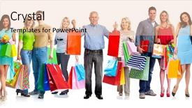  Presentation with customers - PPT theme having group of customers with shopping bags isolated white background background and a lemonade colored foreground